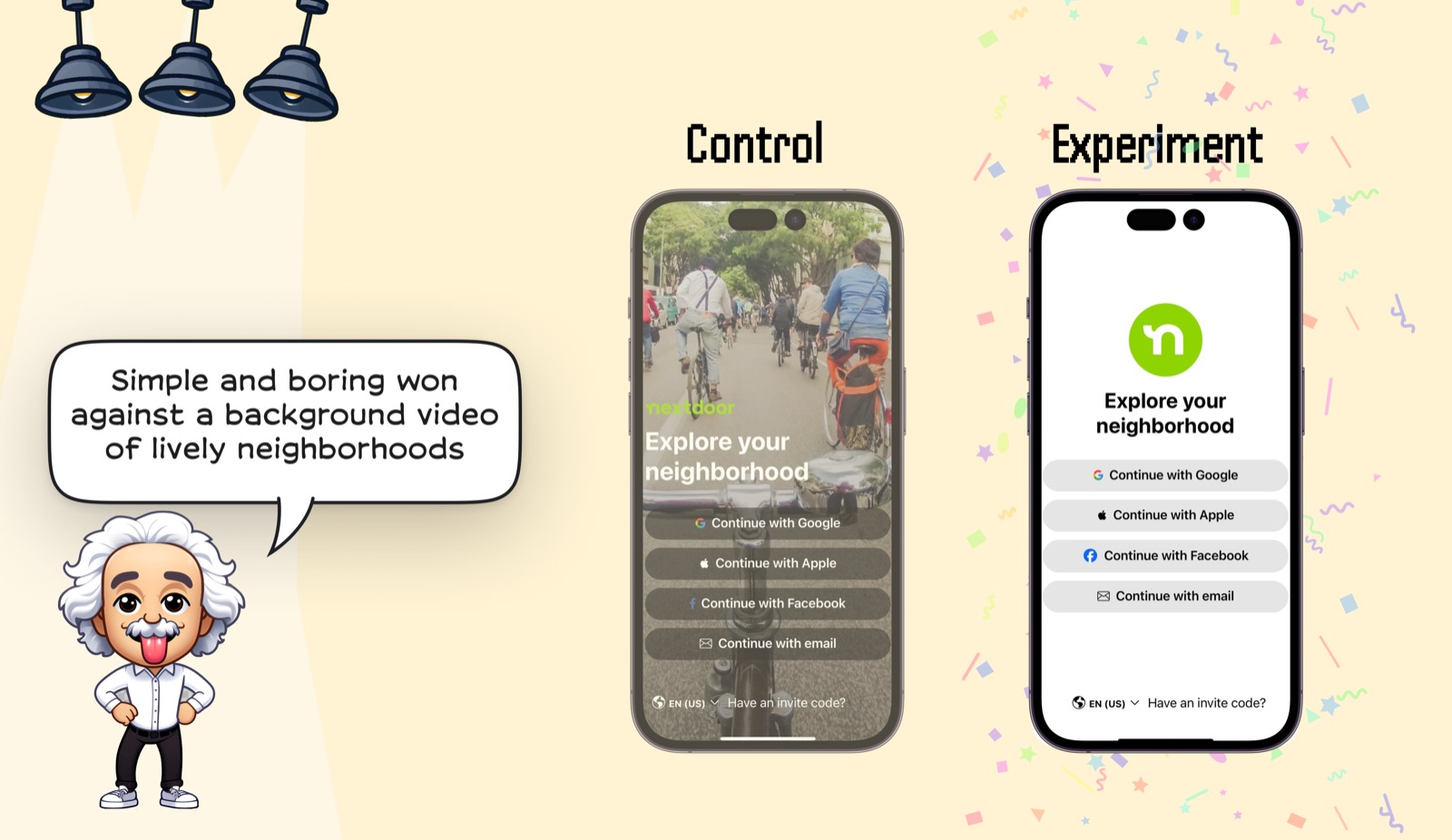 Nextdoor signup screen experiment comparing a neighborhood video control against a plain experiment.