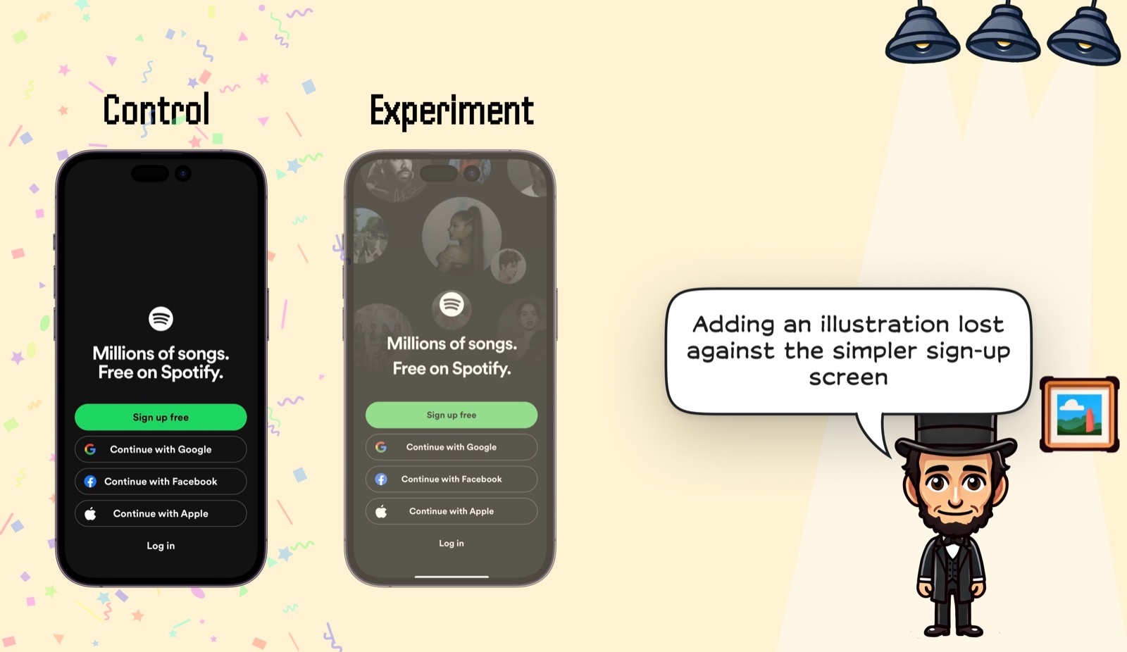 Spotify signup screen experiment comparing a plain control against an illustrated experiment.