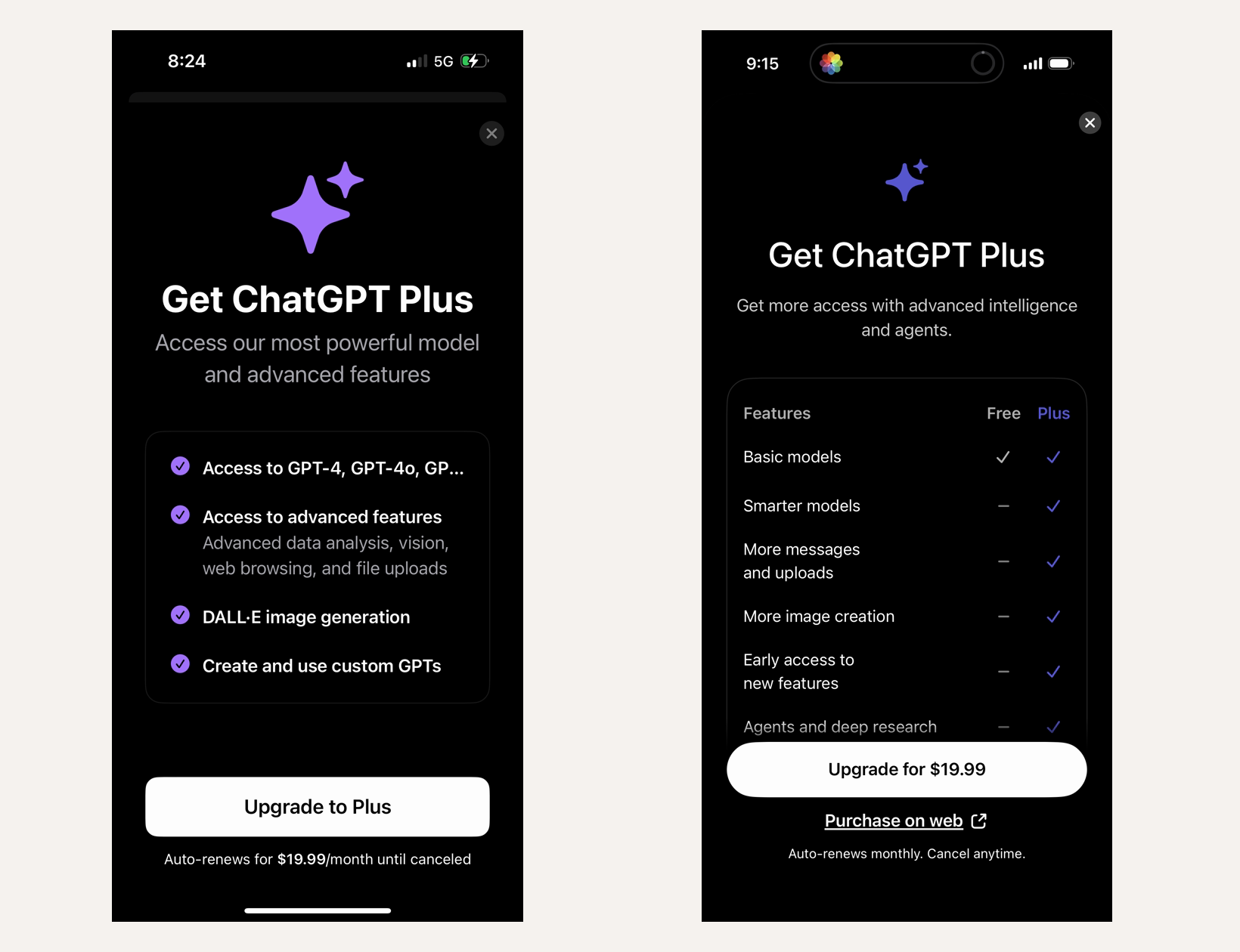 Side-by-side ChatGPT Plus paywall comparison with a benefit checklist control on the left and a Free versus Plus table experiment on the right.