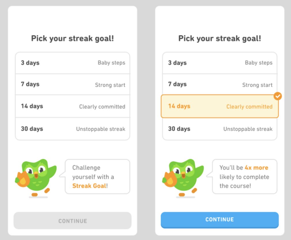 Duolingo streak goal selection screen with a preselected goal option.