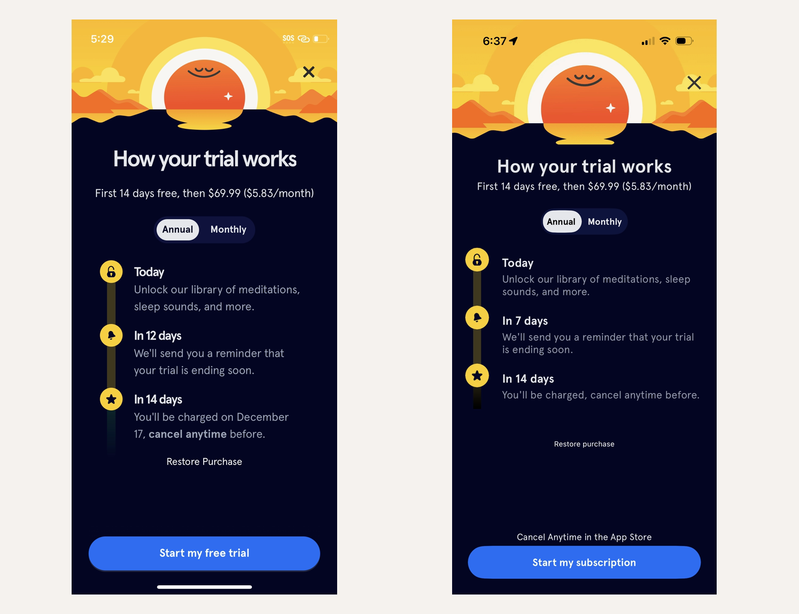 Side-by-side Headspace coaching offer comparison with chat-with-coach framing on the left and text-coaching framing on the right.