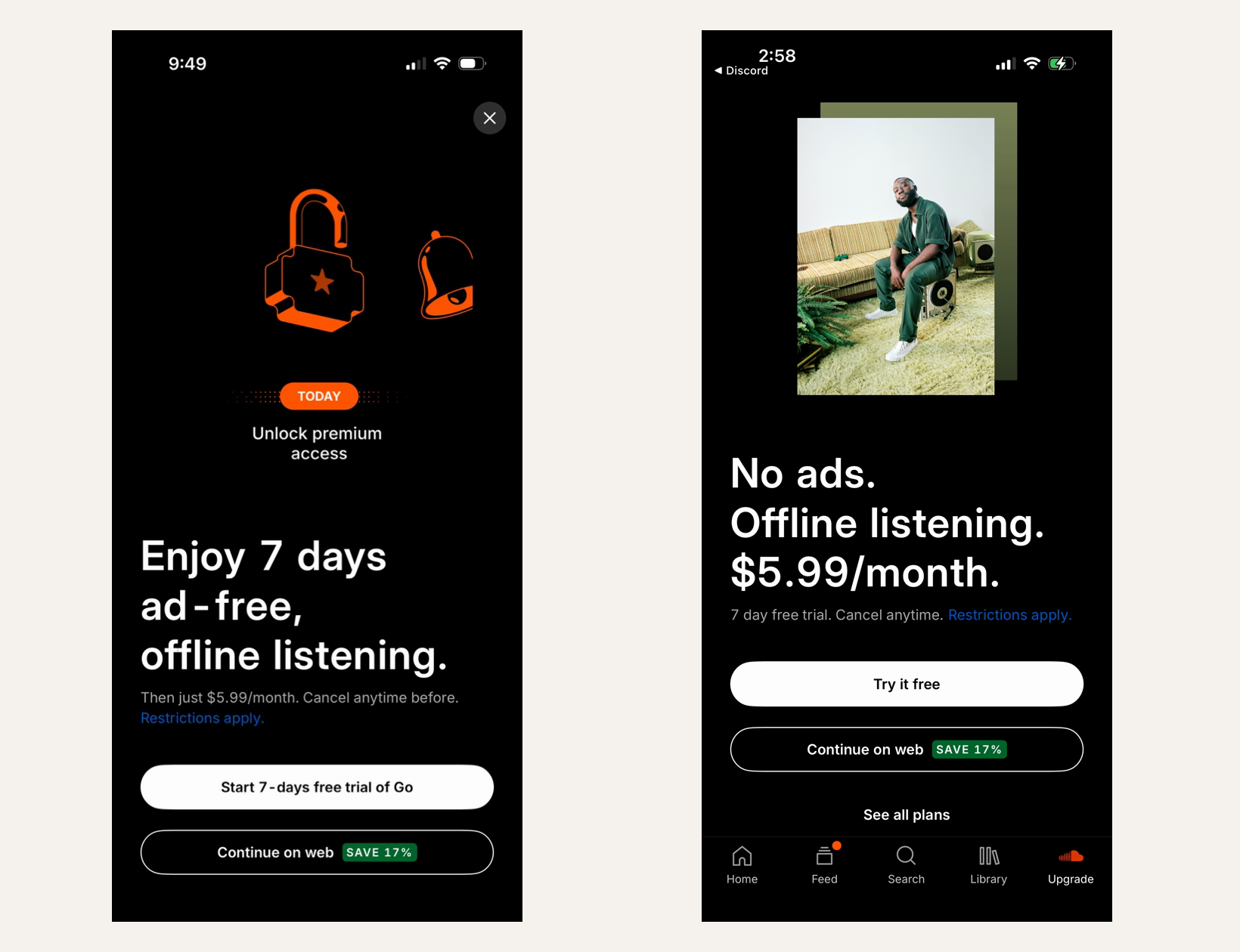 Side-by-side SoundCloud paywall comparison with a web-savings checkout option on the left and a price-first offer on the right.