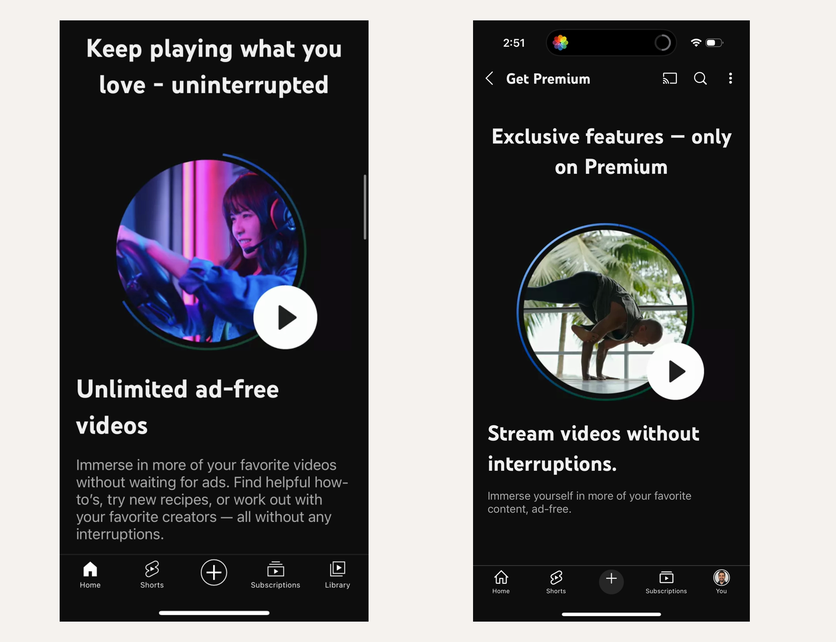Side-by-side YouTube Premium feature-detail comparison with generic ad-free benefit copy on the left and Premium-exclusive framing on the right.